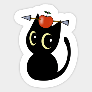 Funny Black cat is playing william tell with an apple and arrow Sticker